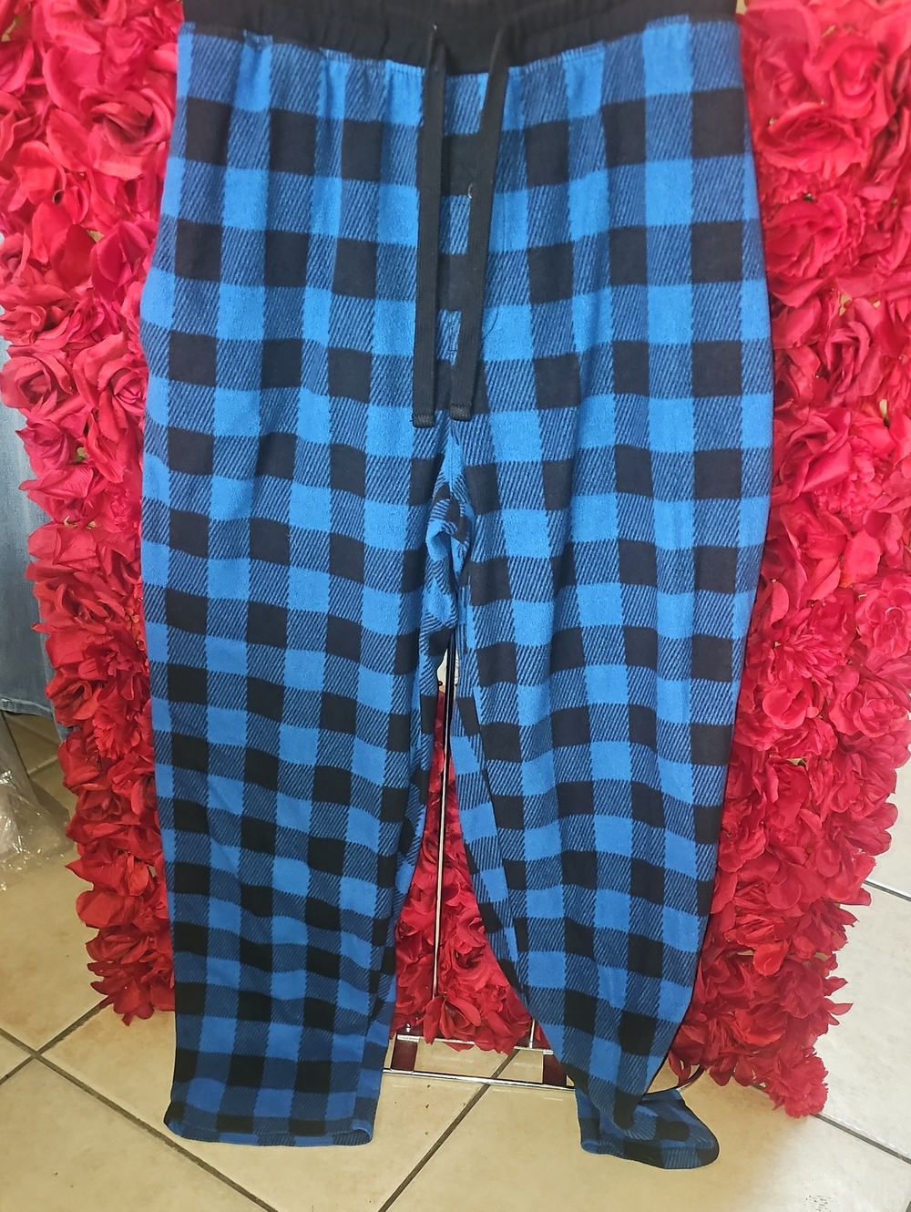 Joe Boxer Men's Blue and Black Check Fleece Plaid Drawstring Joggers Size Large